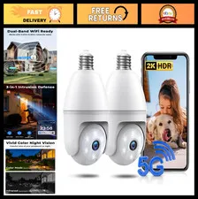 2 Pack Light Bulb Security Cameras, 2K Wireless Outdoor PTZ, Color Night Vision,