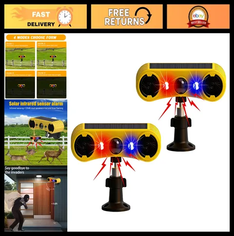 Solar Motion Sensor Alarm - 2 Pack, 129dB Loud Strobe Light, 4 Modes, Outdoor Se