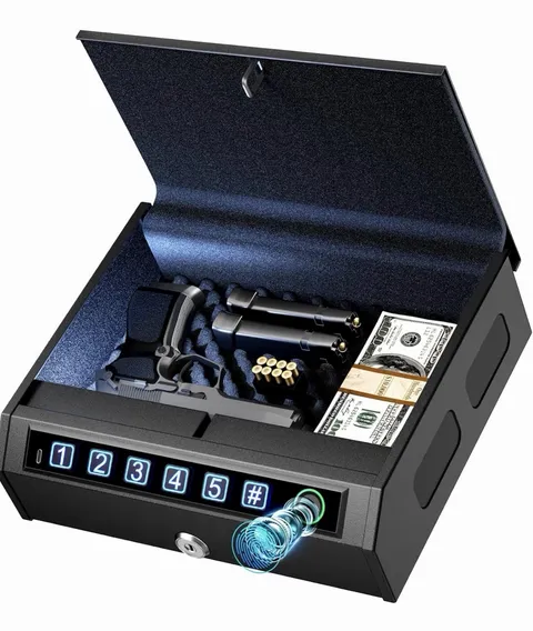 Biometric Electronic Key Gun Safe, Compact Black Matte Metal w/ Cable Mount