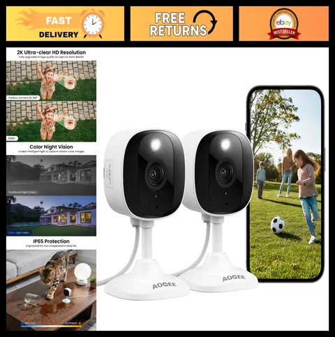 2K Home Security Cameras 2-Pack, Indoor/Outdoor, Color Night Vision, 24/7 Record