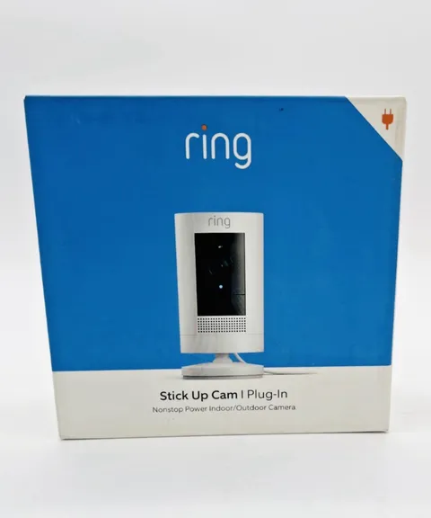 Ring Stick Up Cam Plug-In Wired Indoor Outdoor Security Camera White New Sealed