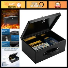Fireproof Document Box with Key Lock - Small Safe for Jewelry, Cash, Passport, W