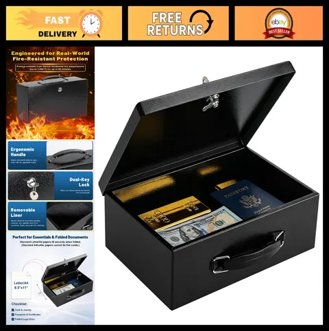 Fireproof Document Box with Key Lock - Small Safe for Jewelry, Cash, Passport, W