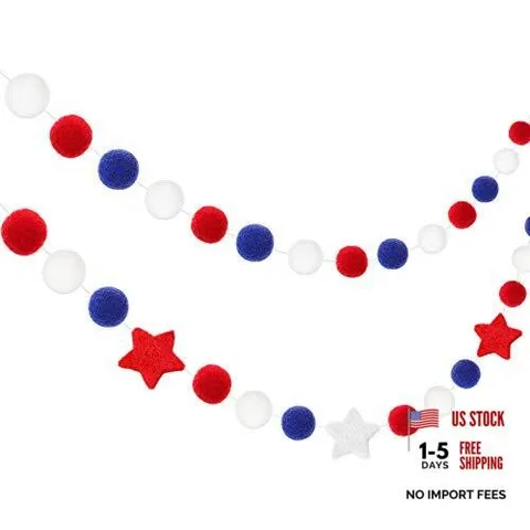 2 Pack Patriotic Felt Ball Garland Each Garland 6.56ft Red White and Blue Pom