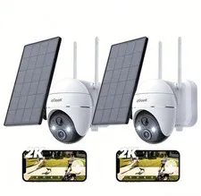 2-Pack 2K Solar Security Camera Outdoor, PTZ with Spotlight & Siren Night Vision
