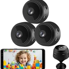 3 Mini WiFi Security Cameras - 150° Wide-Angle, Night Vision & Loop Recording