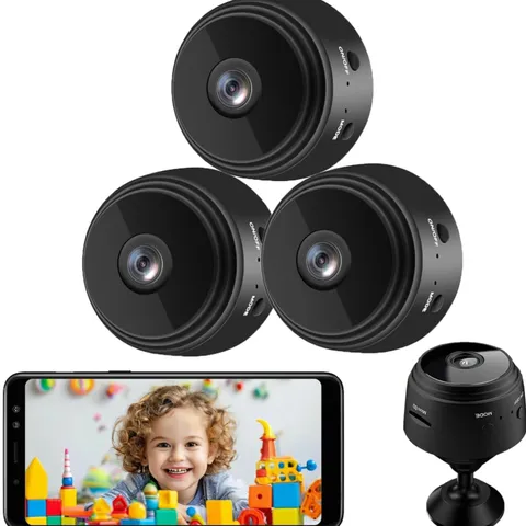 3 Mini WiFi Security Cameras - 150° Wide-Angle, Night Vision & Loop Recording