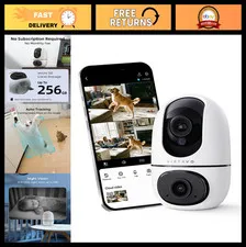 Indoor WiFi Security Camera 360° PTZ, Dual-Lens Baby Monitor & Pet Cam, Night Vi