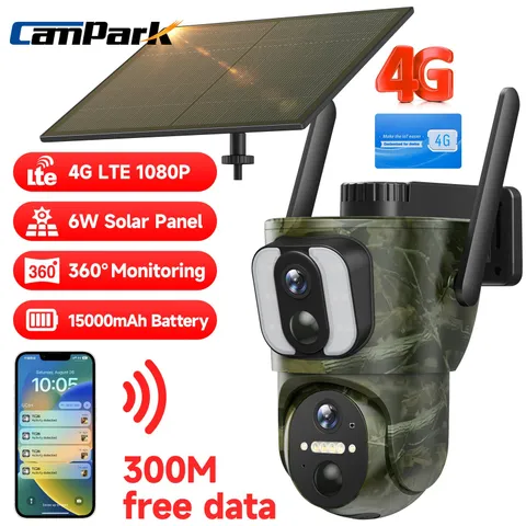 4G LTE Dual Lens Dual PIR Trail Camera PTZ Security Cam 6W Solar Power Panel SIM