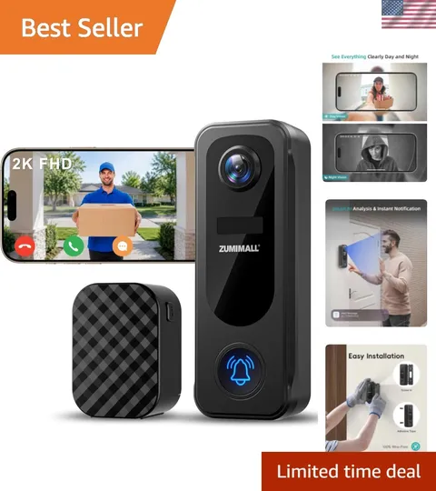 2K Wireless Doorbell Camera No Subscription, Battery Powered
