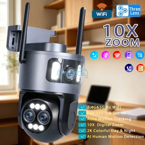 4K Security Camera Outdoor Home Three Lens PTZ 5G 2.4G WIFI AI Motion Detection