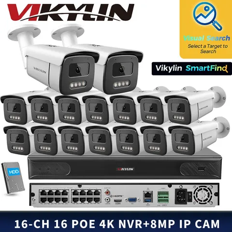VIKYLIN SmartFind 16POE 16CH NVR Set Full Color Wired MIC 8MP Network Camera Lot