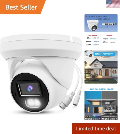 8MP Waterproof PoE Security Camera with 65ft Night Vision & Metal Dome Housing