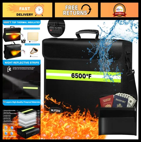 Fireproof Document Bag 6500°F with Lock & Waterproof Zipper, Insulated Wallet, R