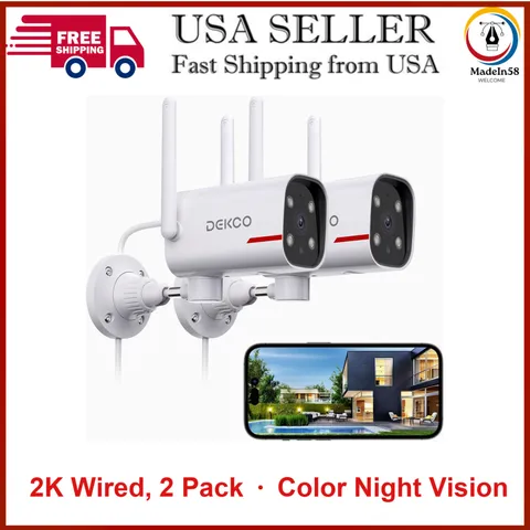 2K Outdoor Security Cameras, Wired WiFi, 2 Pack Color Night Vision, 2.4GHz WiFi