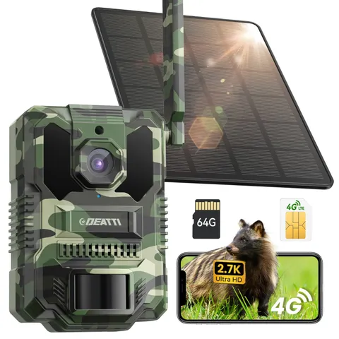 Trail Camera 48MP 4K Hunting Camera Solar Powered Waterproof Night Vision +64GB
