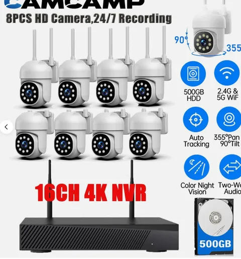 CAMCAMP Wireless Security Camera System 8PC PTZ WiFi Cameras 16CH 4K NVR Audio