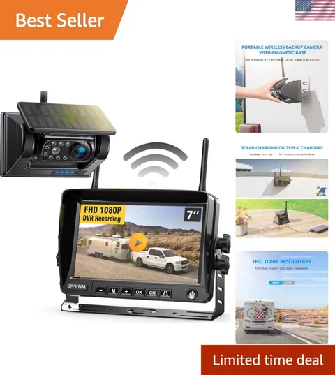 Magnetic Solar Wireless Backup Camera with 7" 1080P IPS DVR Monitor | 1-Min D...