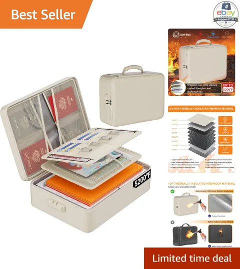 Fireproof Document Organizer Box 5200°F Soft Beige Zippered File Storage