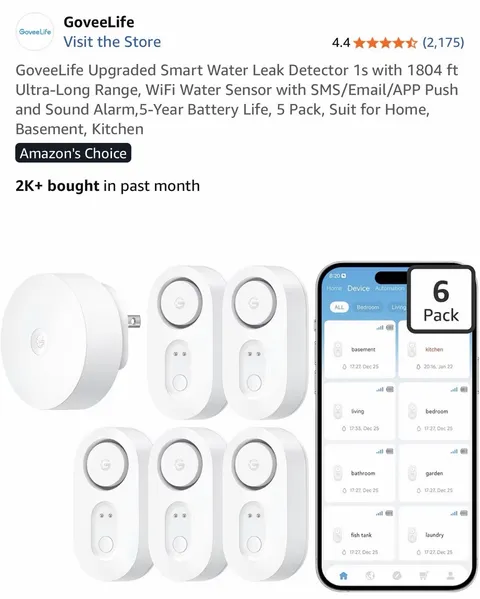 GoveeLife Upgraded Smart Water Leak Detector 1s with 1804ft Ultra-Long Range 5pk