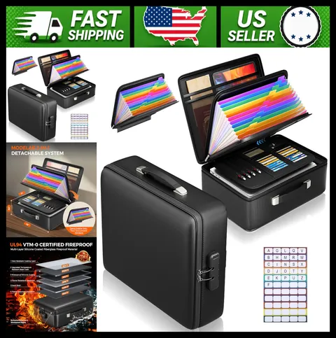 Grothery Fireproof Document Box with Lock, Accordion File Organizer, Black