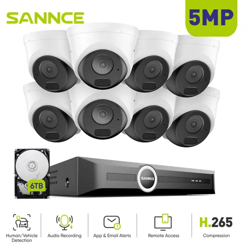 SANNCE 8CH NVR 5MP POE AI Security Camera System Audio Recording Human Detection