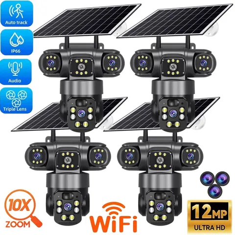 4X 3 Lens 12MP Solar Battery Home Security Camera Outdoor Wifi Wireless PTZ CCTV