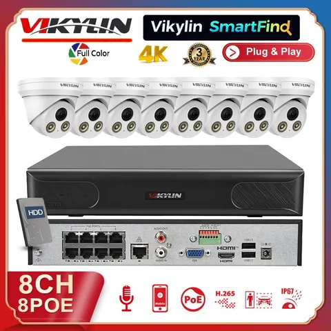 Vikylin SmartFind 8CH 8 POE CCTV System 4K 8MP IP Camera Outdoor Full Color Lot