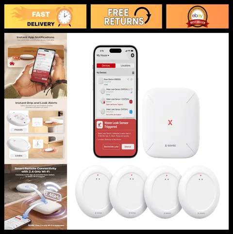 Smart Wi-Fi Water Leak Detector Kit, 4 Sensors & Base Station, App Alerts, Slim