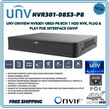 UNV Uniview NVR301-08S3-P8 8CH 1 HDD NVR, Plug & Play PoE Interface ONVIF NO HDD