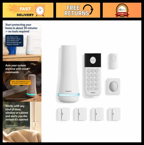 Wireless Home Security System 8 Piece Set - 24/7 Monitoring, No Contract, Alexa