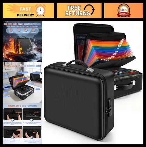 Fireproof Waterproof Document Box with Lockable Zipper, 13 Pocket Accordion File