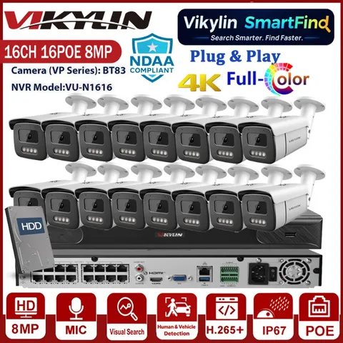 Vikylin SmartFind 16POE 16CH NVR 8MP CCTV Security Full Color IP Camera Kit Lot