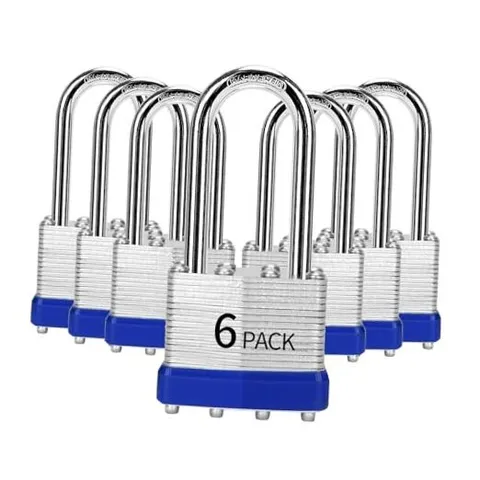 Padlocks Keyed Alike, Pack of 6, Laminated Steel Keyed Lock 6 PACK Long Shackle