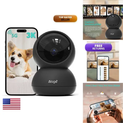 Alaga Indoor Security Camera 3K 360° Pan/Tilt AI 5G 2.4G WiFi Black