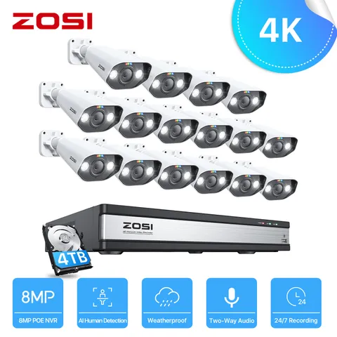 ZOSI H.265+ 16CH/8CH 4K PoE Security Camera System With Hard Drive Recording