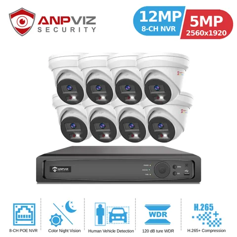 Anpviz H.265+ 8 CH AI 12MP NVR 5MP POE IP Security Camera System Audio Color Nig
