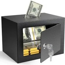 Small Safe Box with Key Lock,Mini Safe for Money with Coin Slot，Steel Security D