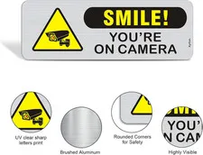 4 Pack Smile You're On Camera Signs, 9x3 Inch Rust Free Brushed Aluminum Secu...