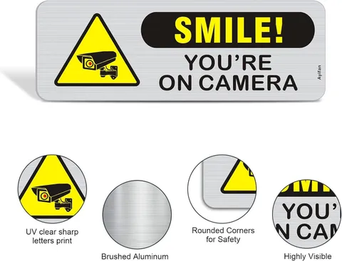 4 Pack Smile You're On Camera Signs, 9x3 Inch Rust Free Brushed Aluminum Secu...