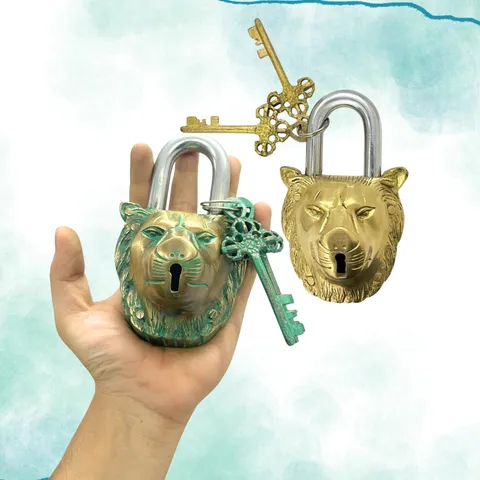 Brass Lion Padlock Handmade – Antique Style Security Lock with Keys for Luggage.