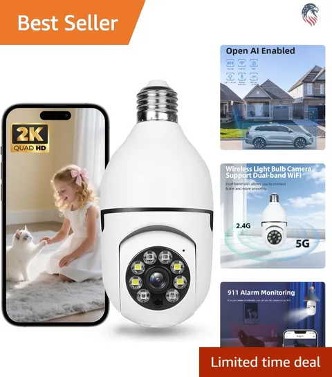 Hawkray 2K Motion Detection Camera - Wireless Light Bulb Design with Local Cloud