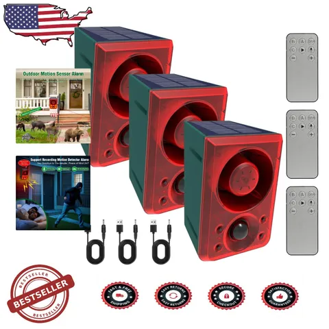 Solar Motion Sensor Alarm 130dB Dog Barking Deterrent 3 Modes 8M Range
