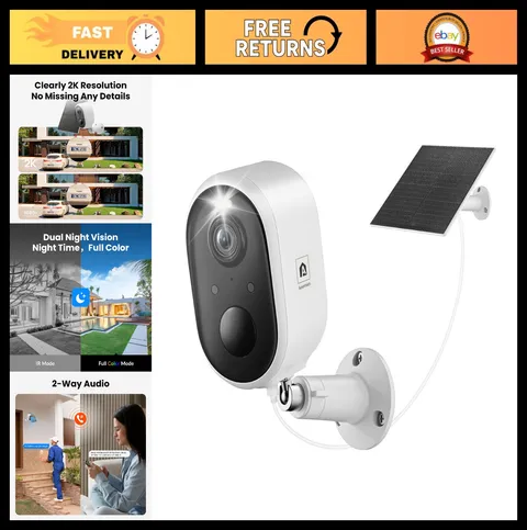 Wireless Solar Security Camera - 2K Color Night Vision, PIR Motion Detection, 2-