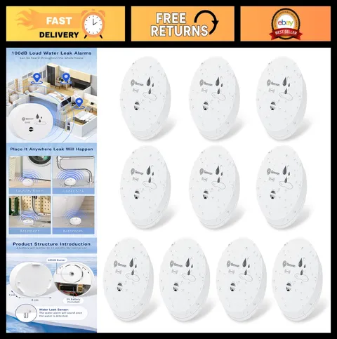 10 Pack Water Leak Detectors | 100dB Sensor Alarms for Home, Basement, Garage &