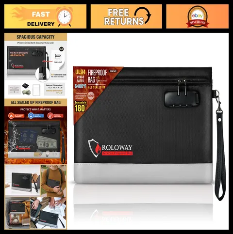 Fireproof Money Bag with Lock & Zipper, 6400°F Document Pouch, Secure Cash Stora