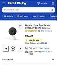 Google Nest Cam Indoor Wired 3rd Gen Night Vision Wi-Fi Surveillance Camera Snow