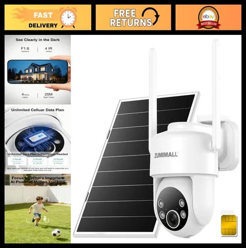 2K Solar Security Camera Outdoor, 24/7 Recording, 4G LTE, AI Tracking, 360° View