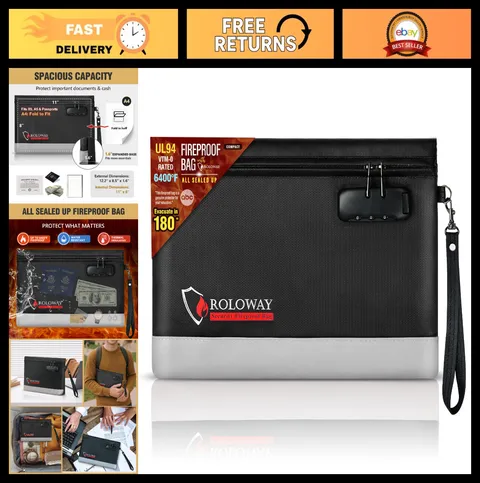 Fireproof Money Bag with Lock & Zipper, 6400°F Document Pouch, Cash Safe 12.2"x8