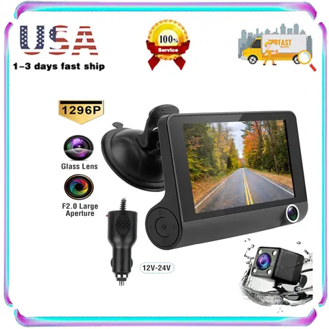 1296P Dash Camera W/ Display And Triple Lens Vehicle Driving Recorder For Smooth